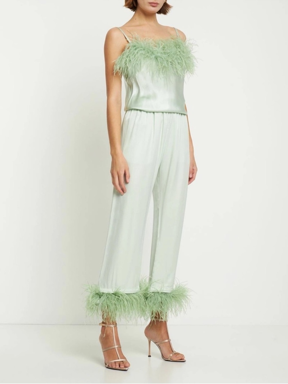 NWT SLEEPER Party Pajamas Ostrich Feather -Trimmed Crepe Trouser mint , size M